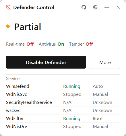 Defender Control running in English